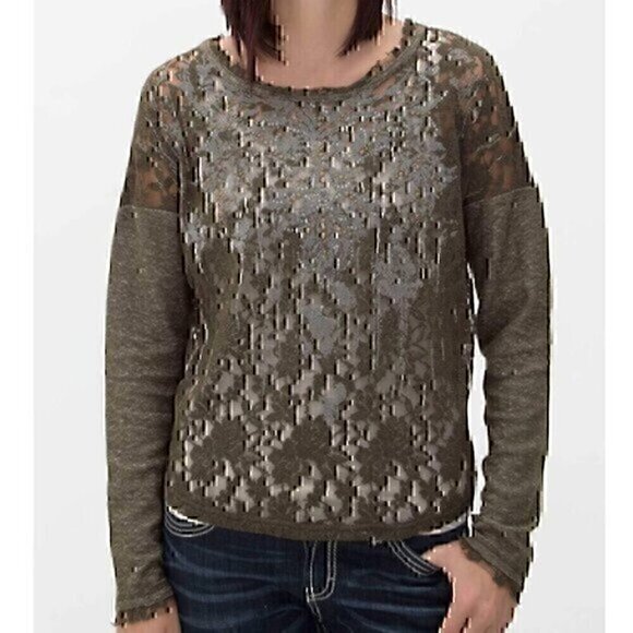 MISS ME Lace Front Sweatshirt Olive Green Pullover Mixed Media Material Crewneck - Picture 1 of 11